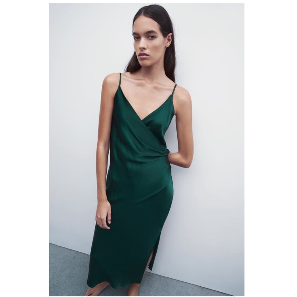 Zara Emerald Green Midi Satin Dress Size Small